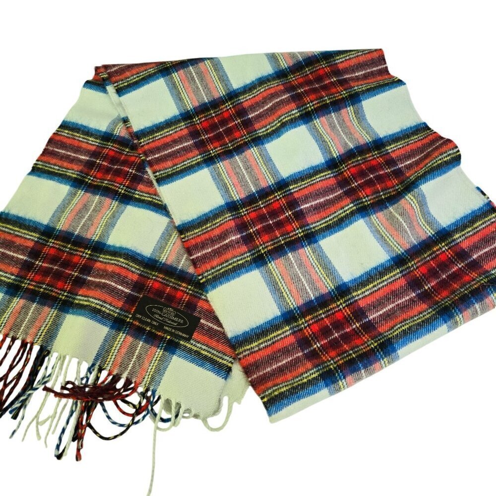 100% Cashmere Made In Germany Red Blue Plaid Fringe Scarf 12"x64"